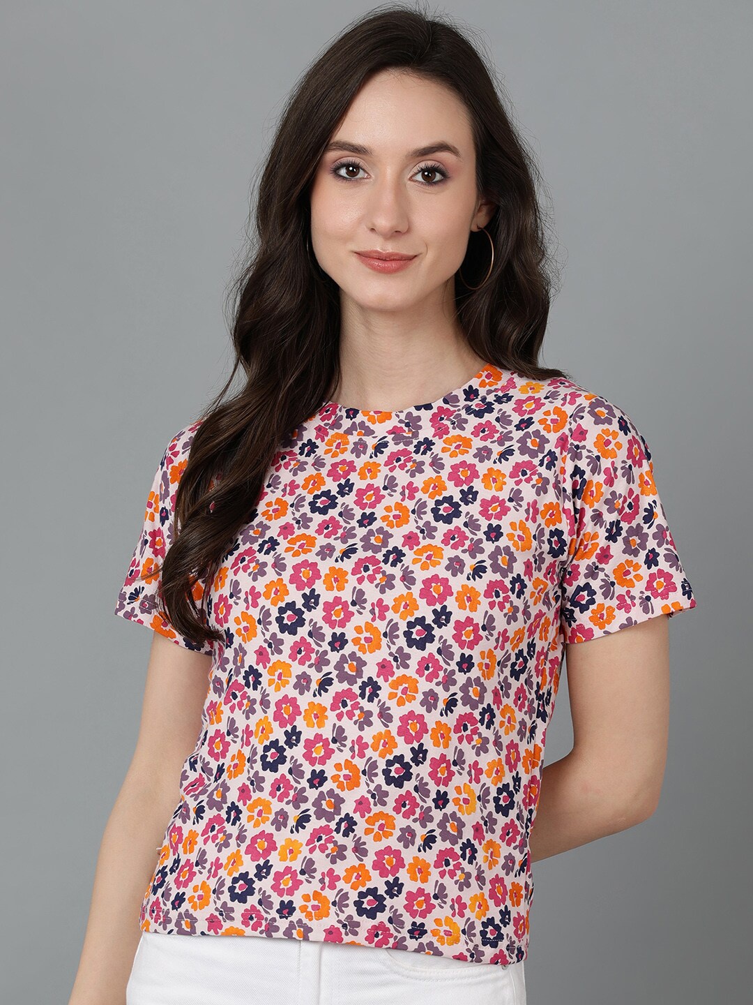 

Mast & Harbour Women Pink & Orange Floral Printed Cotton T-shirt