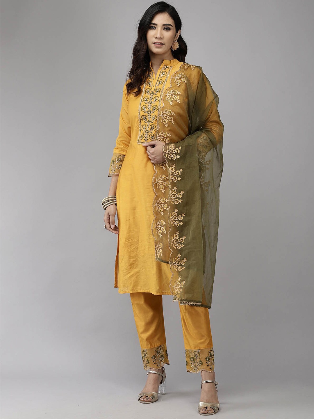 

ODETTE Yellow Ethnic Motifs Embroidered Thread Work Kurta with Trousers & With Dupatta