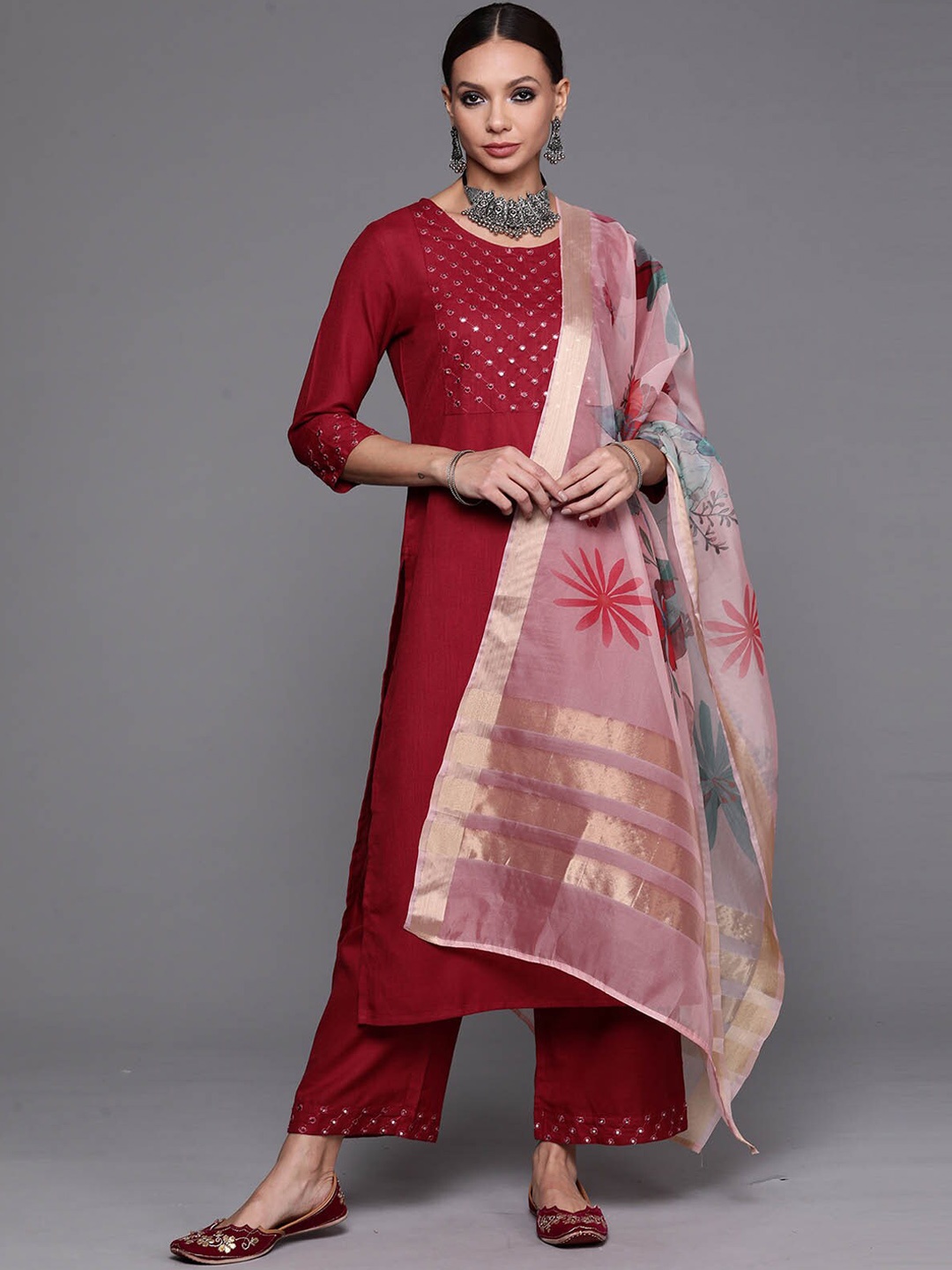 

ODETTE Maroon Ethnic Motifs Yoke Design Mirror Work Kurta with Palazzos & With Dupatta