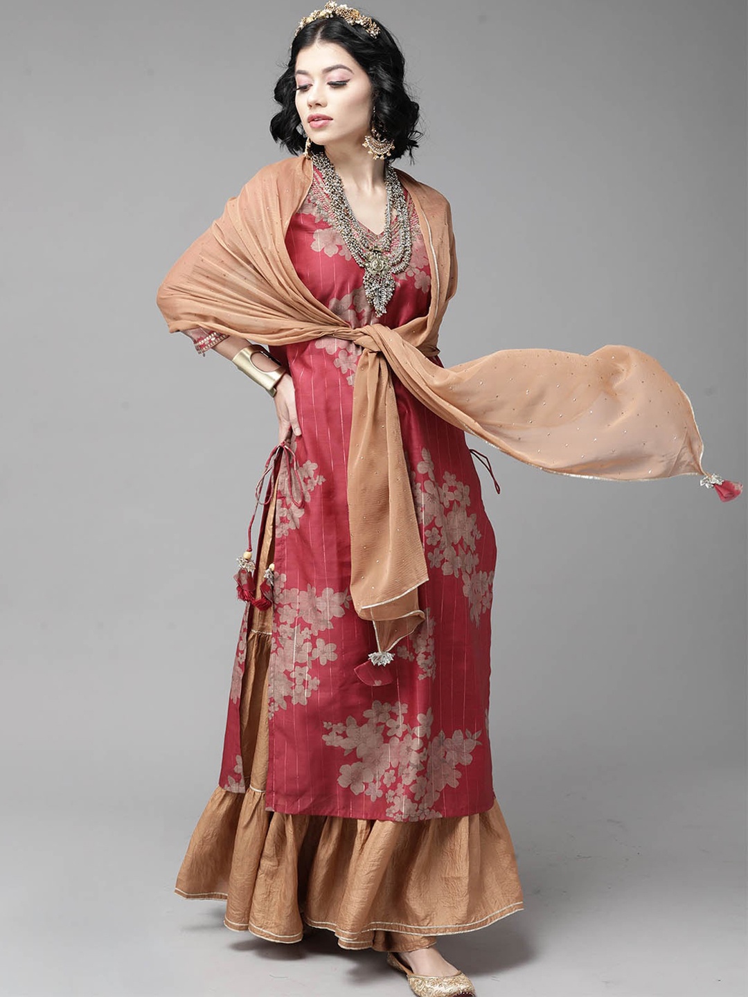 

ODETTE Red Floral Printed Gotta Patti Kurta with Sharara & With Dupatta