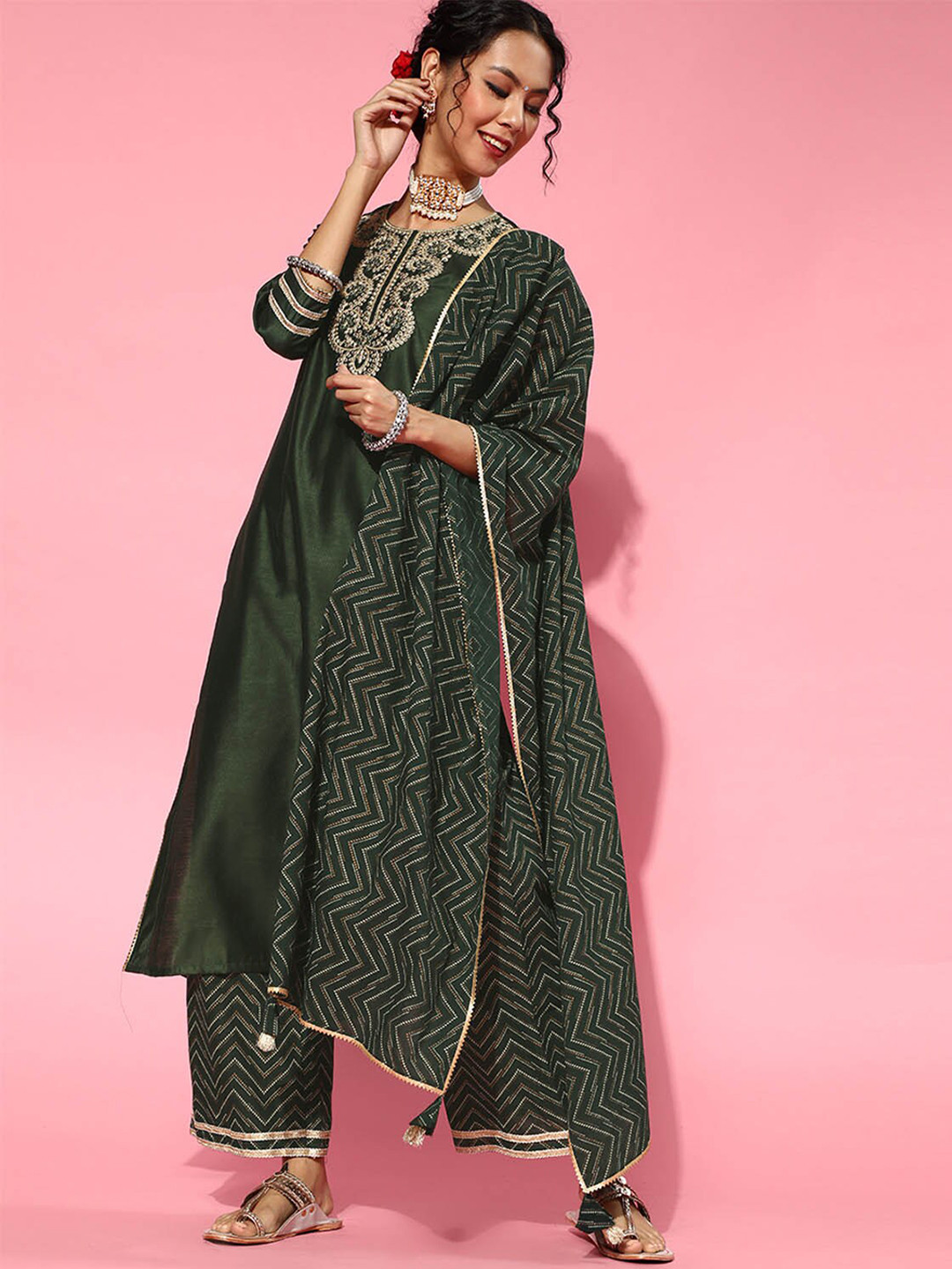 

ODETTE Green Embroidered Kurta with Palazzos & With Dupatta