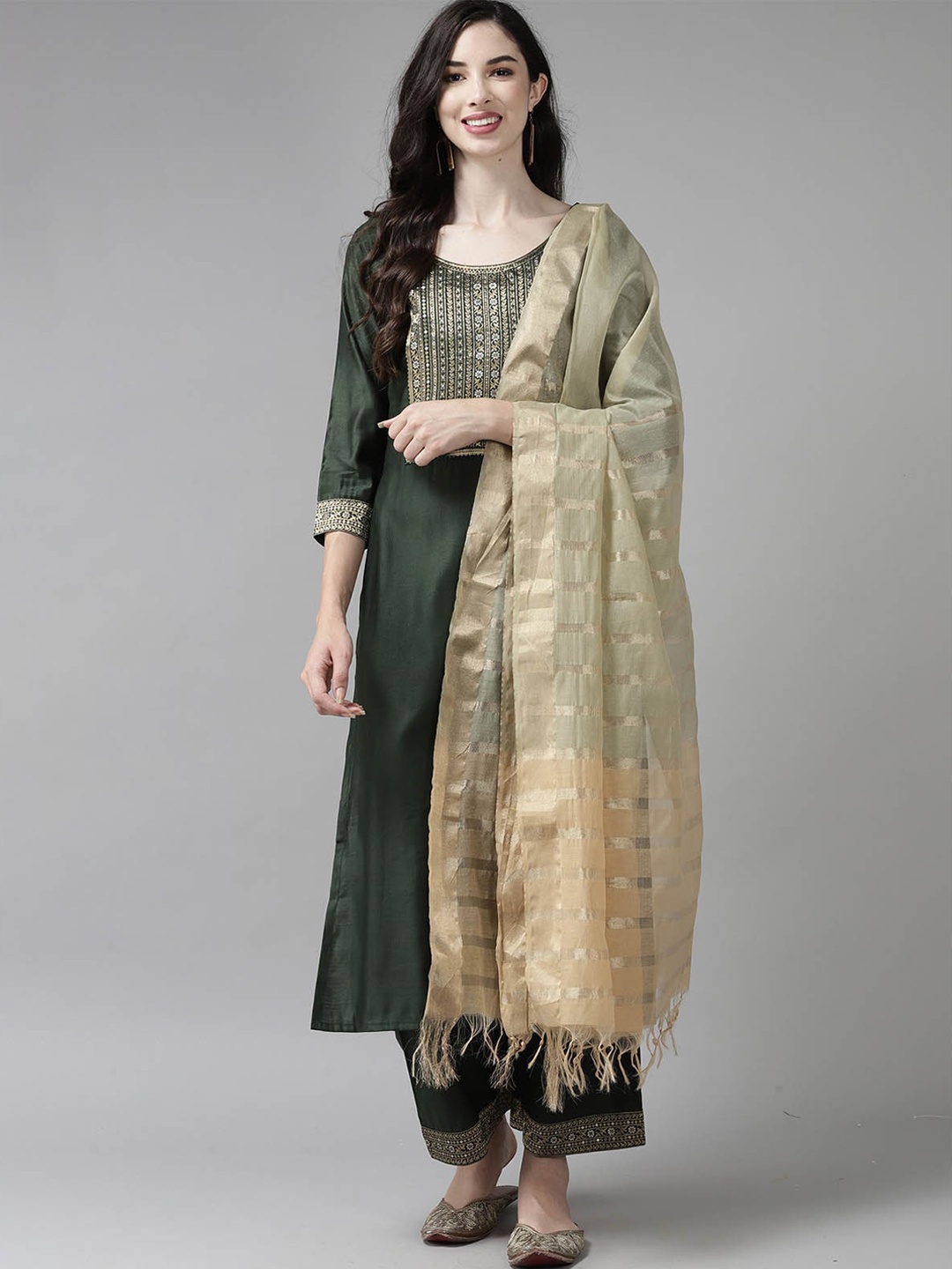 

ODETTE Women Green Yoke Design Kurta with Palazzos & With Dupatta
