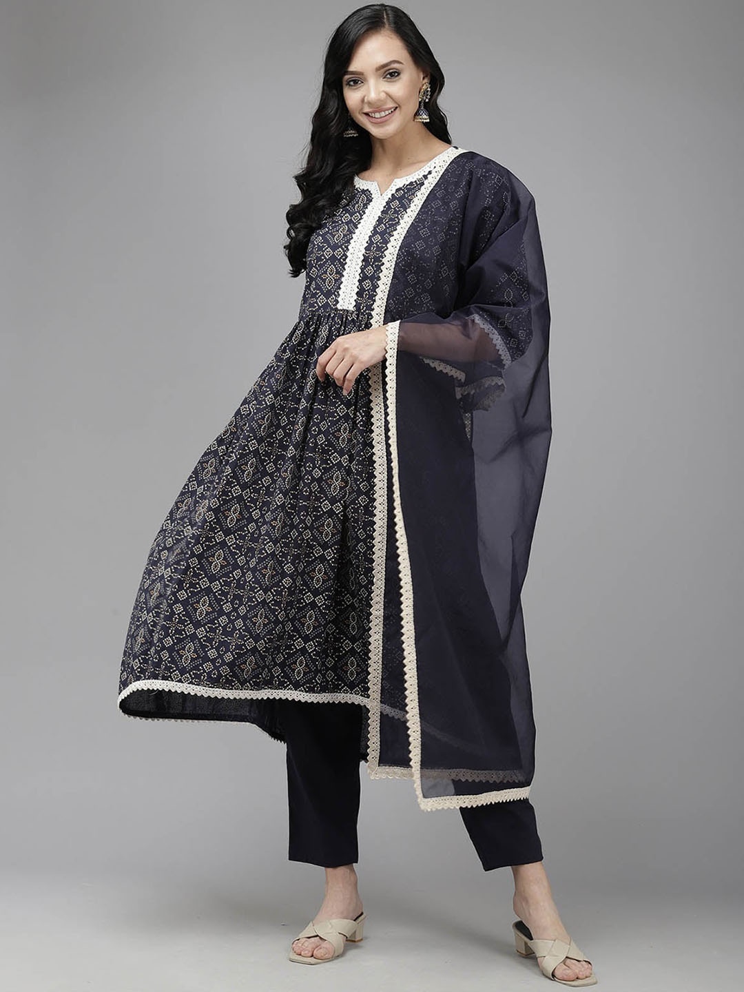 

ODETTE Women Black Bandhani Printed Empire Kurta with Trousers & With Dupatta
