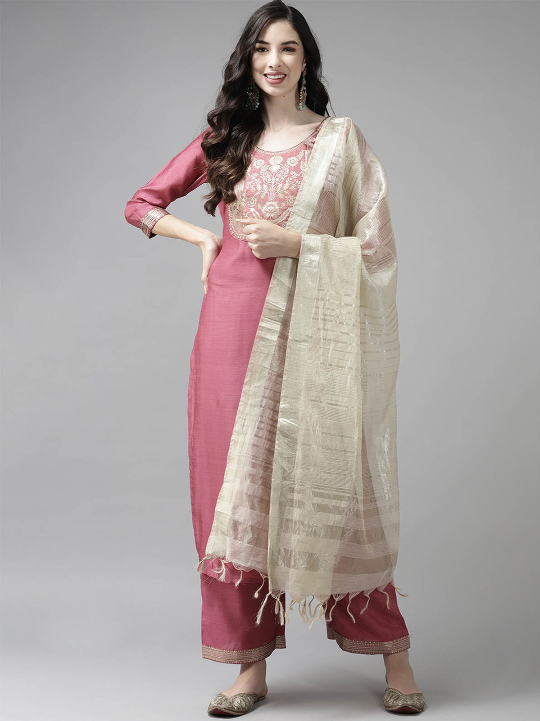 

ODETTE Women Pink Paisley Yoke Design Kurta with Palazzos & With Dupatta