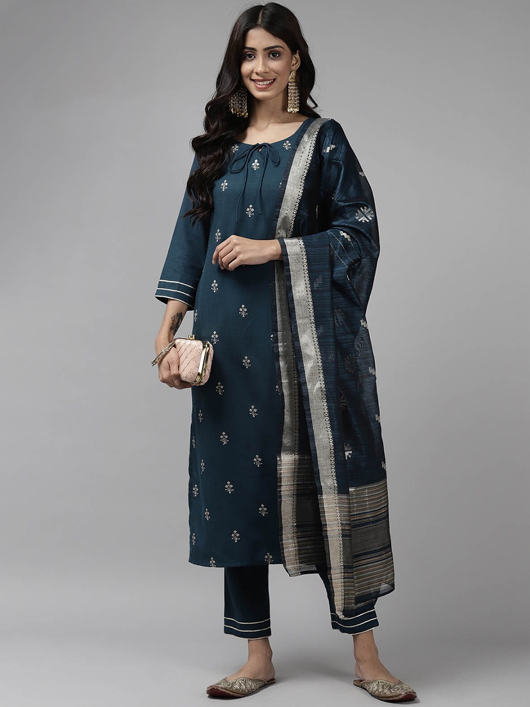 

ODETTE Women Teal Ethnic Motifs Embroidered Kurta with Trousers & With Dupatta