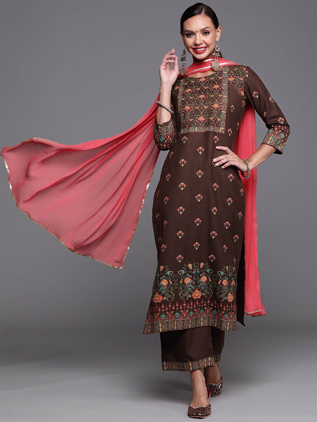 

ODETTE Women Brown Printed Kurta with Palazzos & With Dupatta