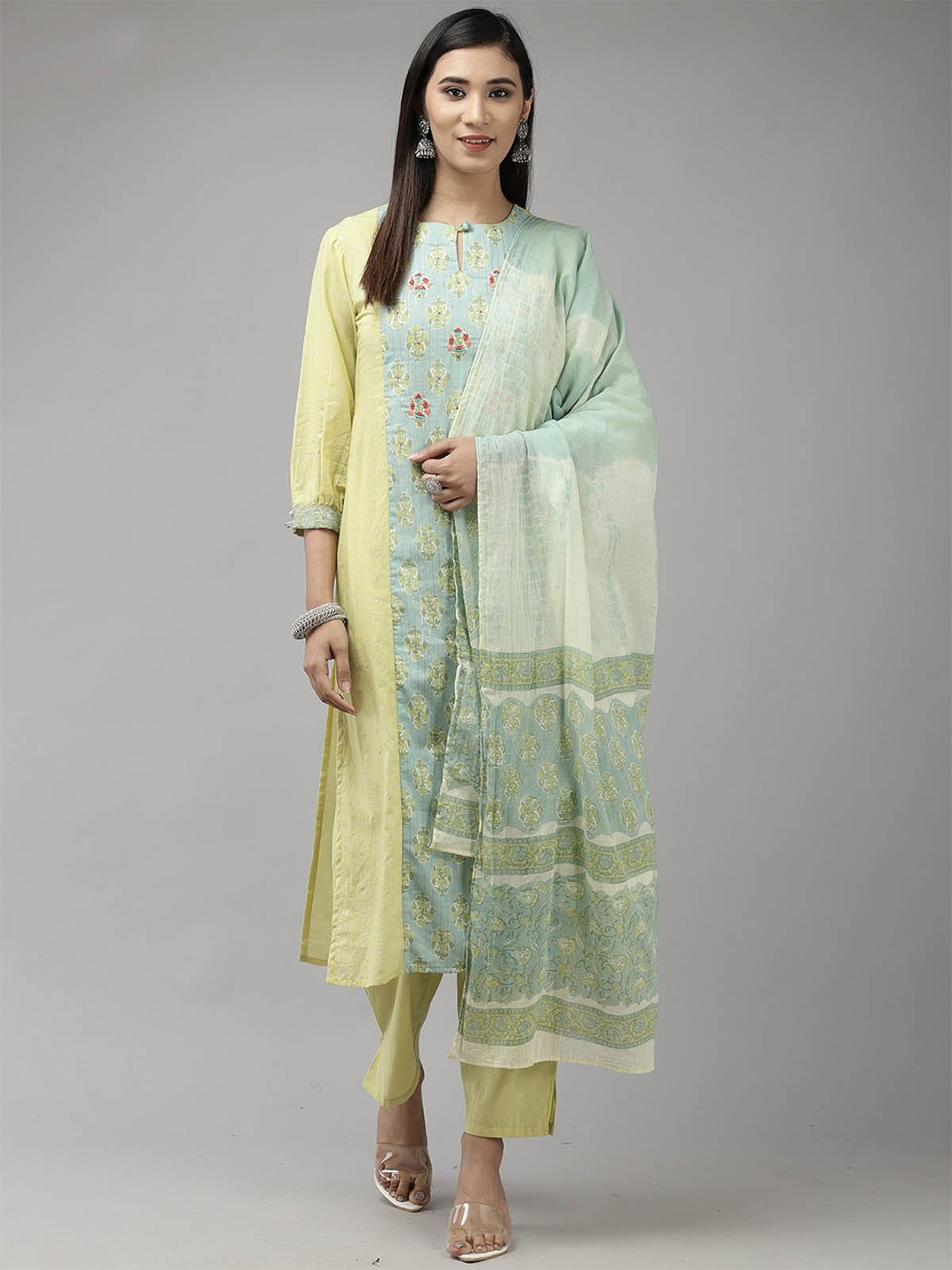 

ODETTE Women Yellow Printed Kurta with Palazzos & With Dupatta