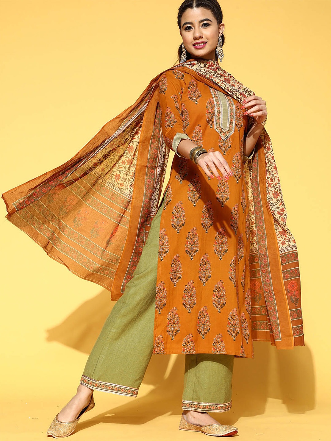 

ODETTE Women Mustard Yellow Floral Printed Kurta with Palazzos & With Dupatta