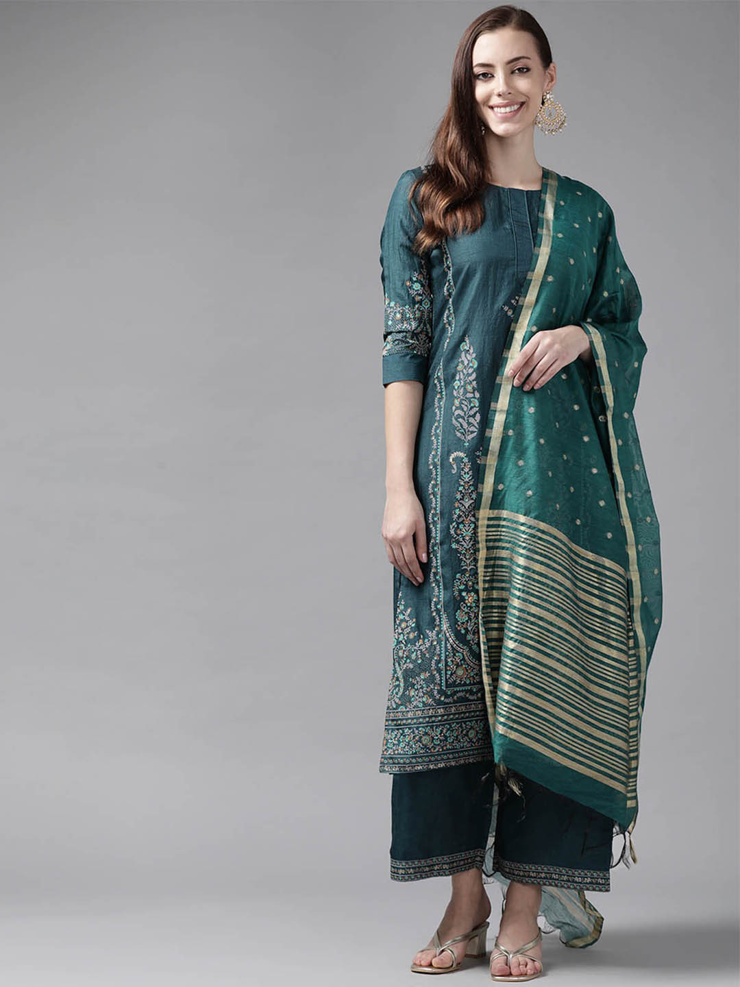 

ODETTE Women Teal Ethnic Motifs Printed Kurta with Palazzos & With Dupatta