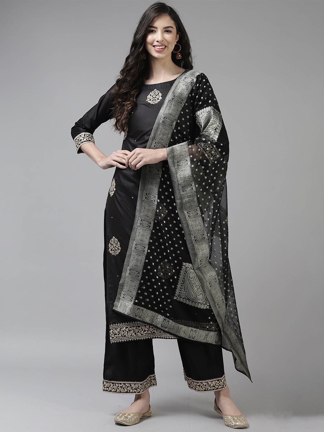 

ODETTE Women Black Ethnic Motifs Embroidered Kurta with Palazzos & With Dupatta