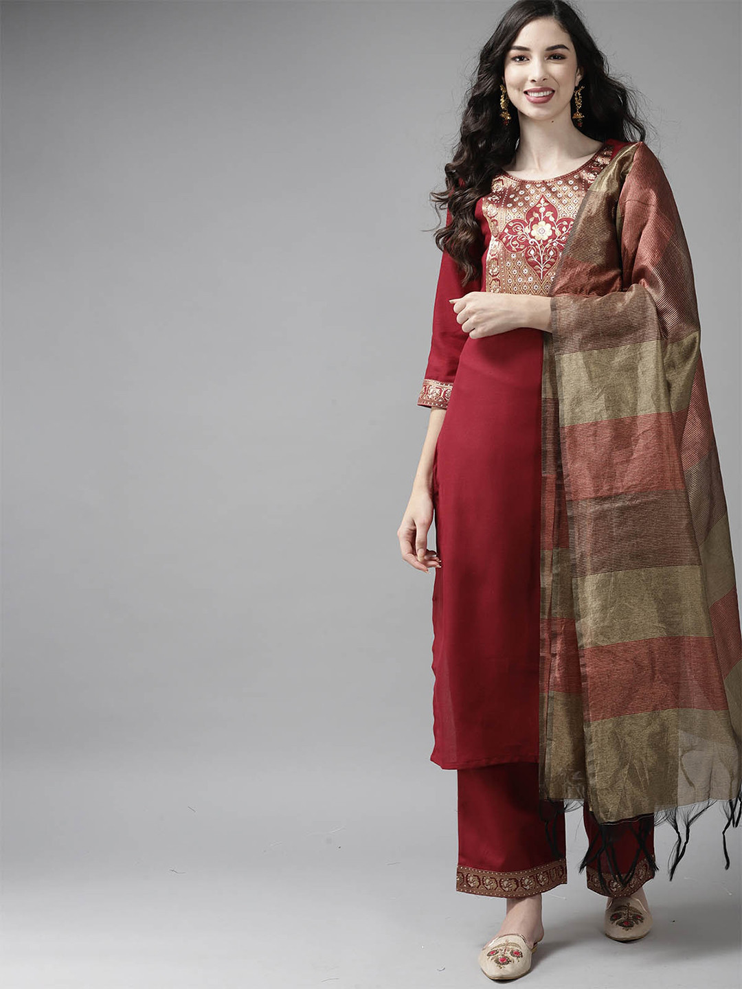 

ODETTE Women Maroon Yoke Design Kurta with Palazzos & With Dupatta