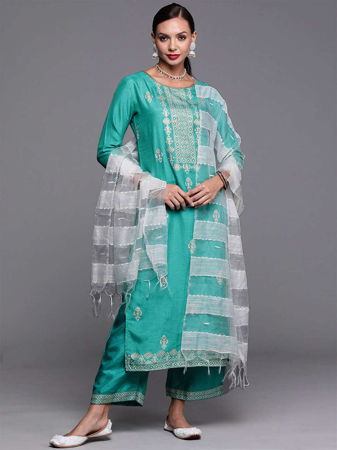 

ODETTE Women Sea Green Floral Printed Kurta with Palazzos & With Dupatta