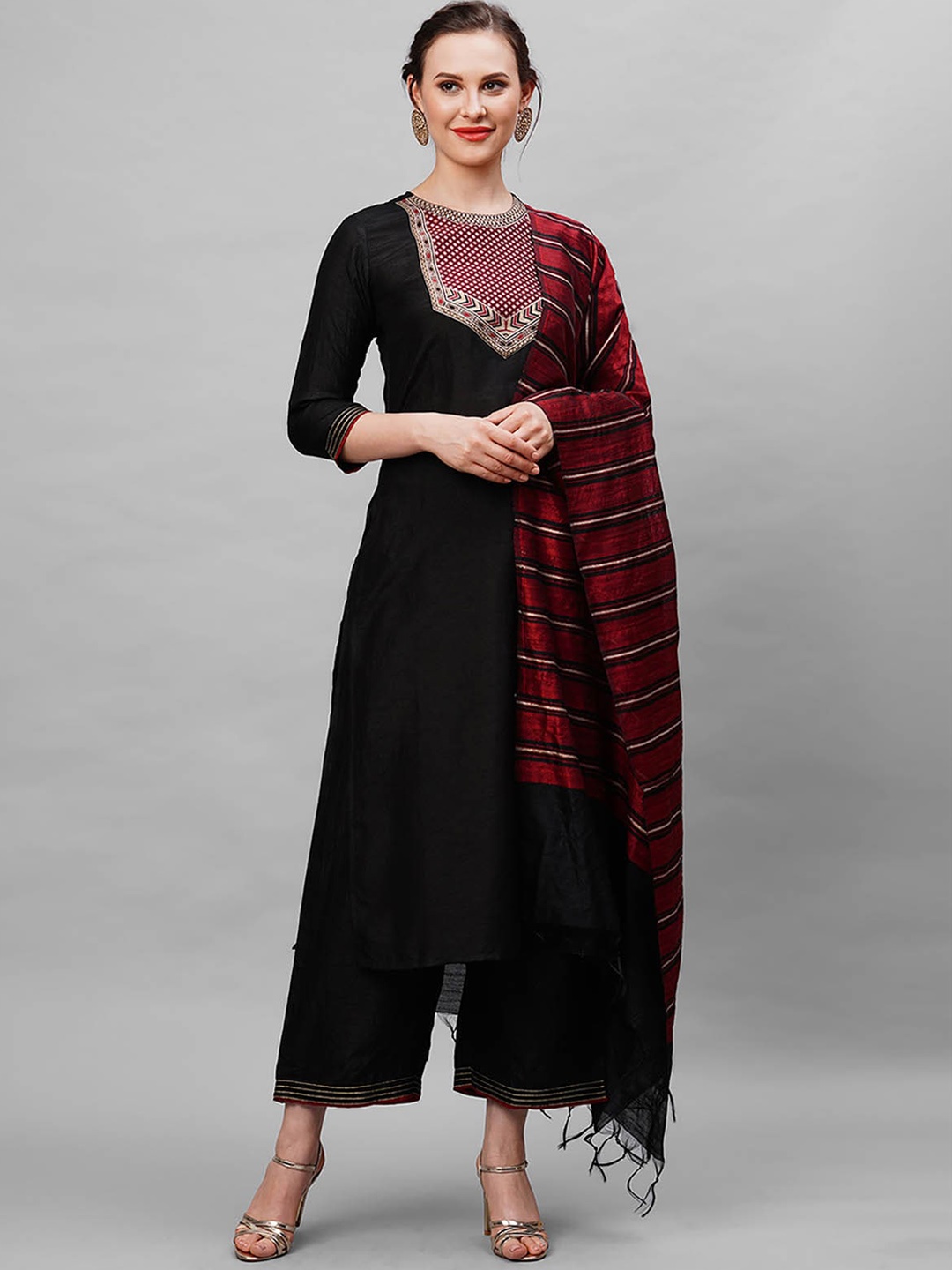 

ODETTE Women Black Yoke Design Kurta with Palazzos & With Dupatta