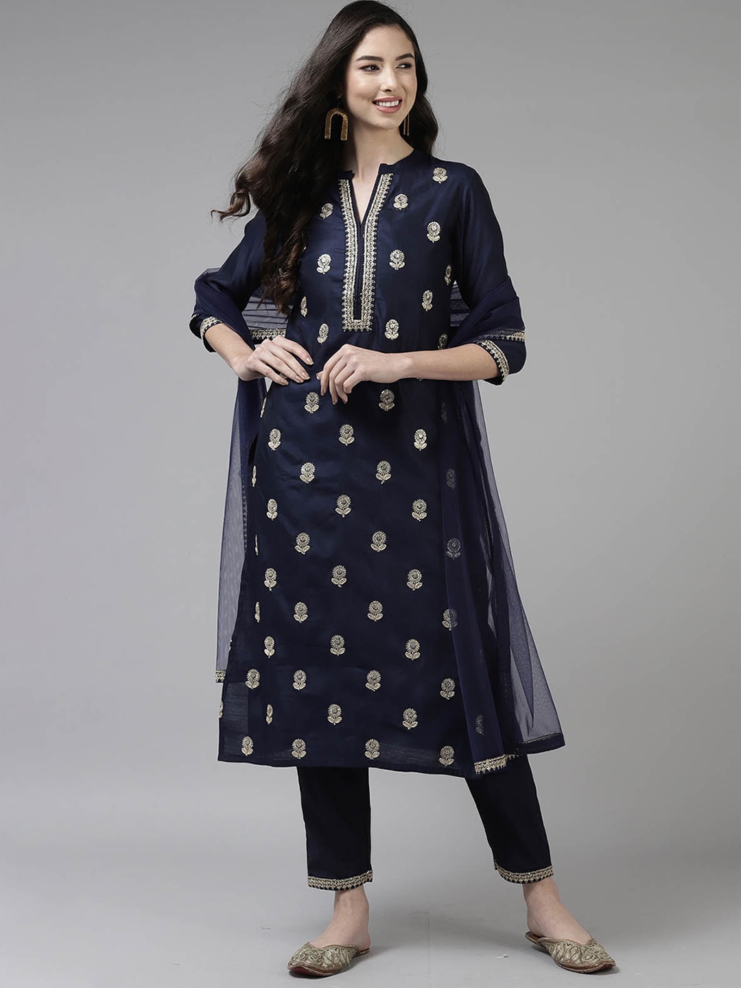 

ODETTE Women Navy Blue Ethnic Motifs Embroidered Kurta with Trousers & With Dupatta