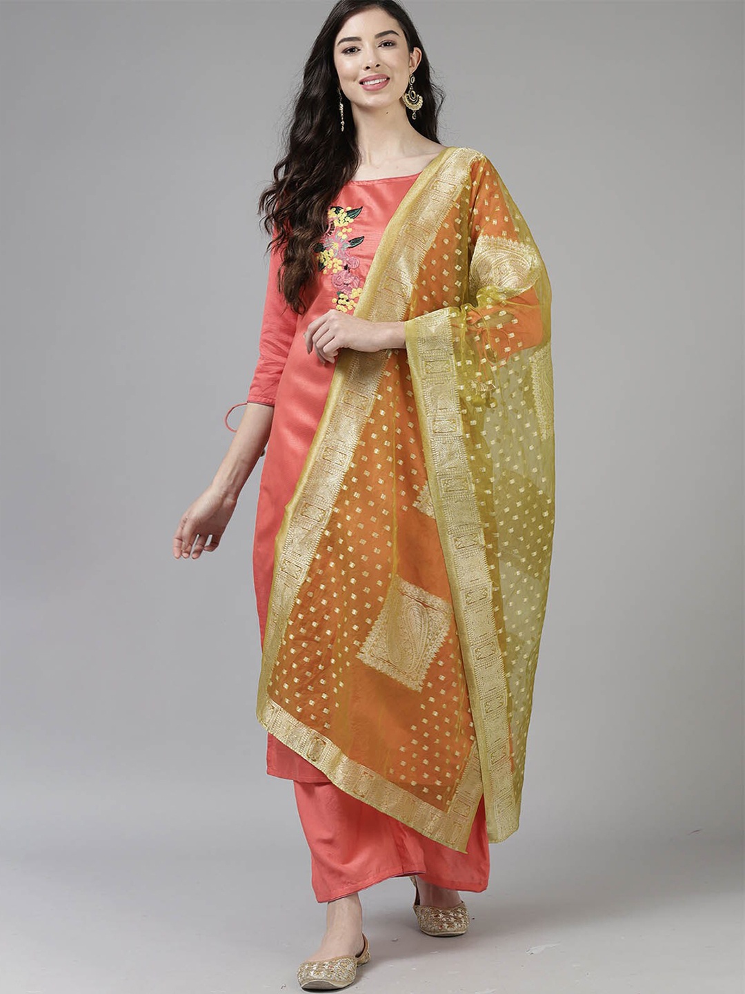 

ODETTE Women Pink Embroidered Kurta with Palazzos & With Dupatta