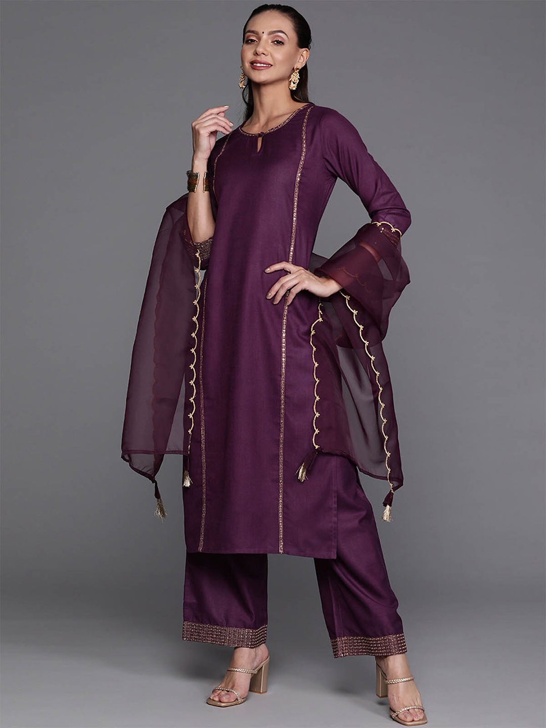 

ODETTE Women Purple Kurta with Palazzos & With Dupatta