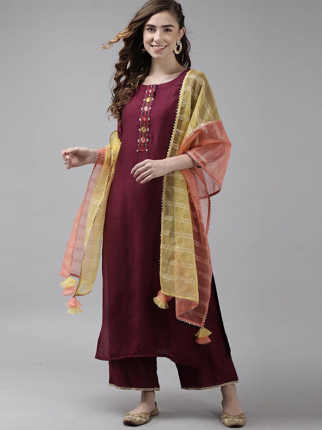 

ODETTE Women Purple Embroidered Kurta with Palazzos & With Dupatta