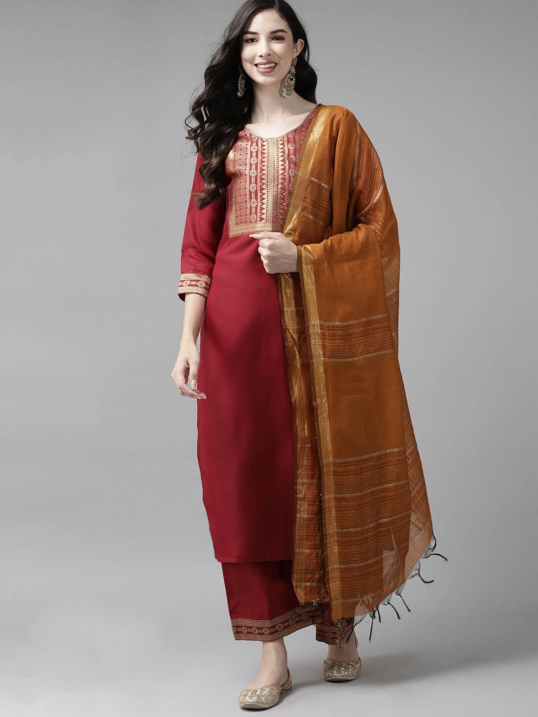 

ODETTE Women Maroon Yoke Design Kurta with Palazzos & With Dupatta