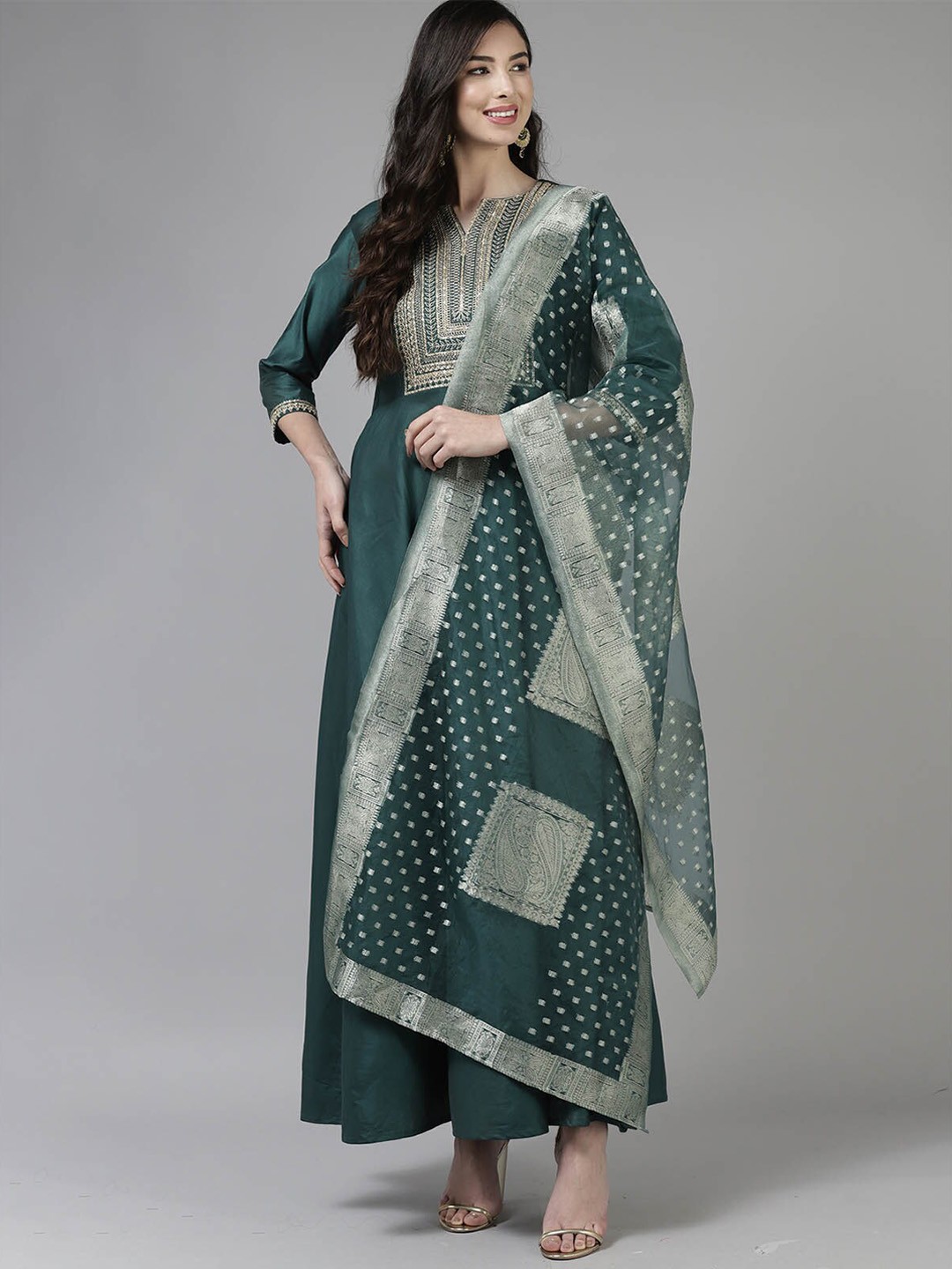 

ODETTE Women Teal Floral Embroidered Empire Sequinned Kurta with Trousers & With Dupatta