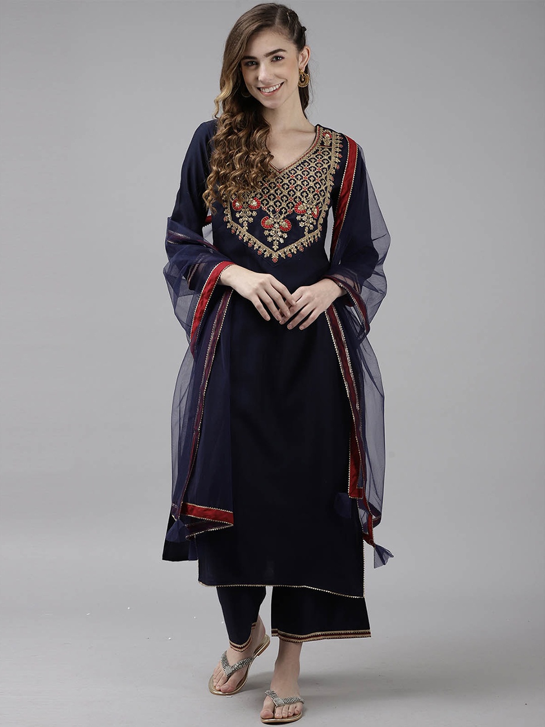 

ODETTE Women Navy Blue Floral Embroidered Kurta with Palazzos & With Dupatta