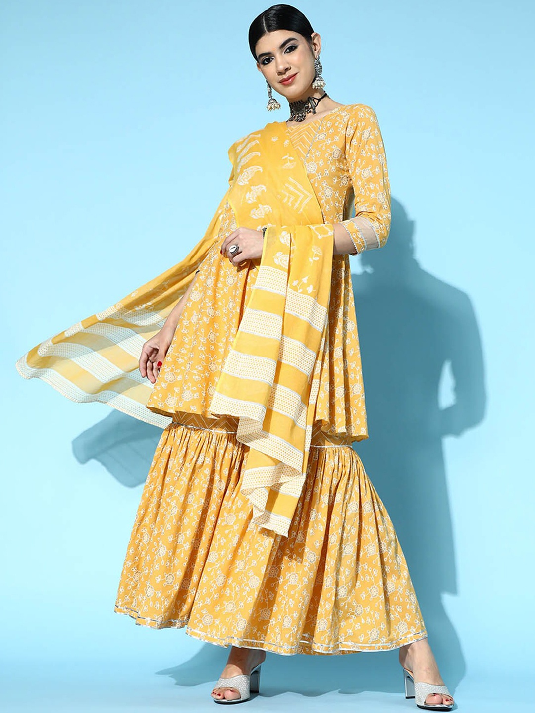 

ODETTE Women Yellow Floral Printed Gotta Patti Kurta with Sharara & With Dupatta