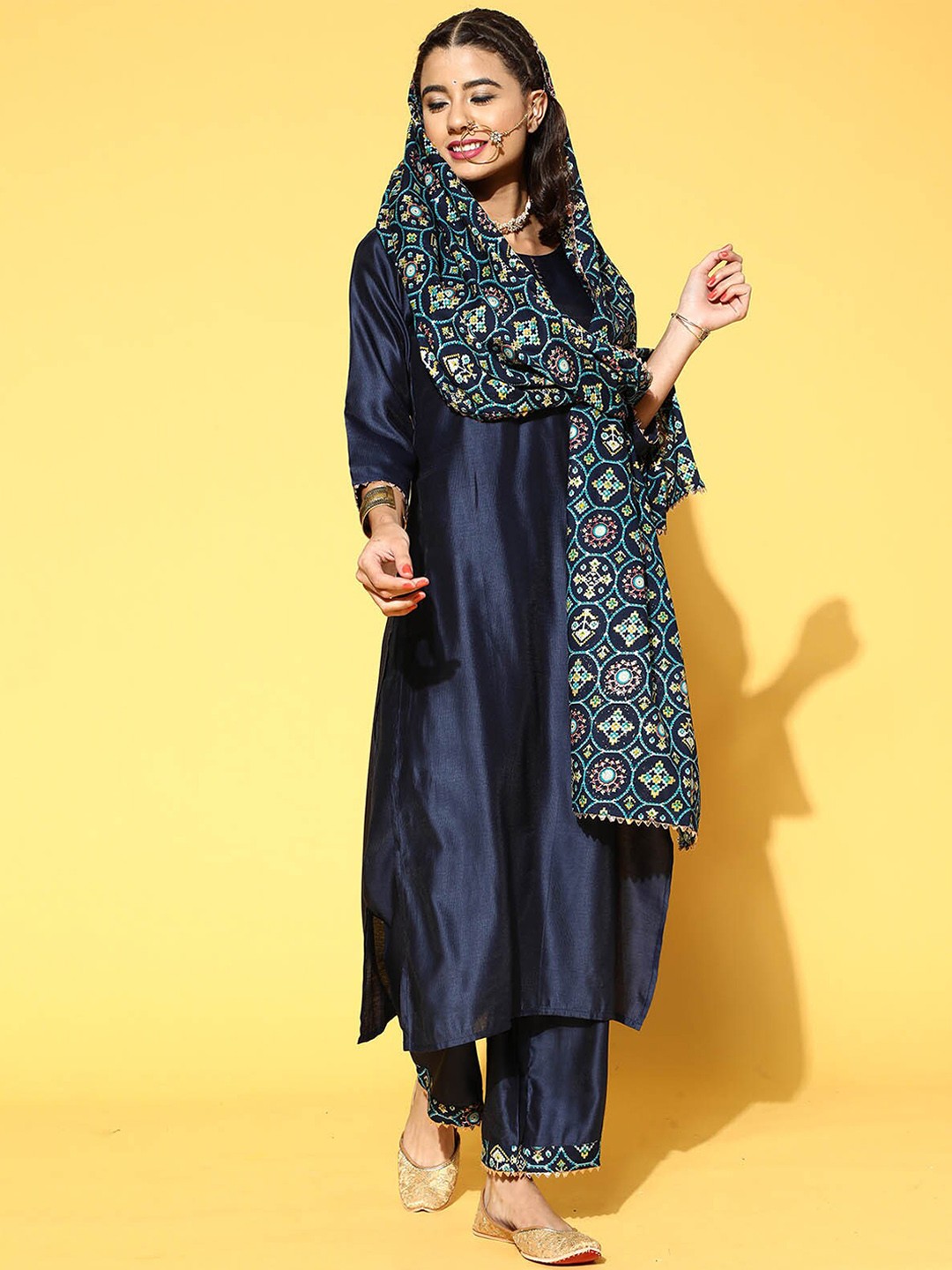 

ODETTE Women Navy Blue Kurta with Palazzos & With Dupatta
