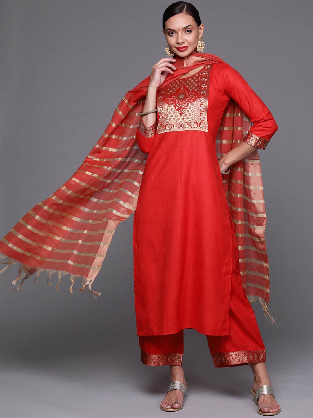 

ODETTE Women Red Floral Yoke Design Kurta with Palazzos & With Dupatta