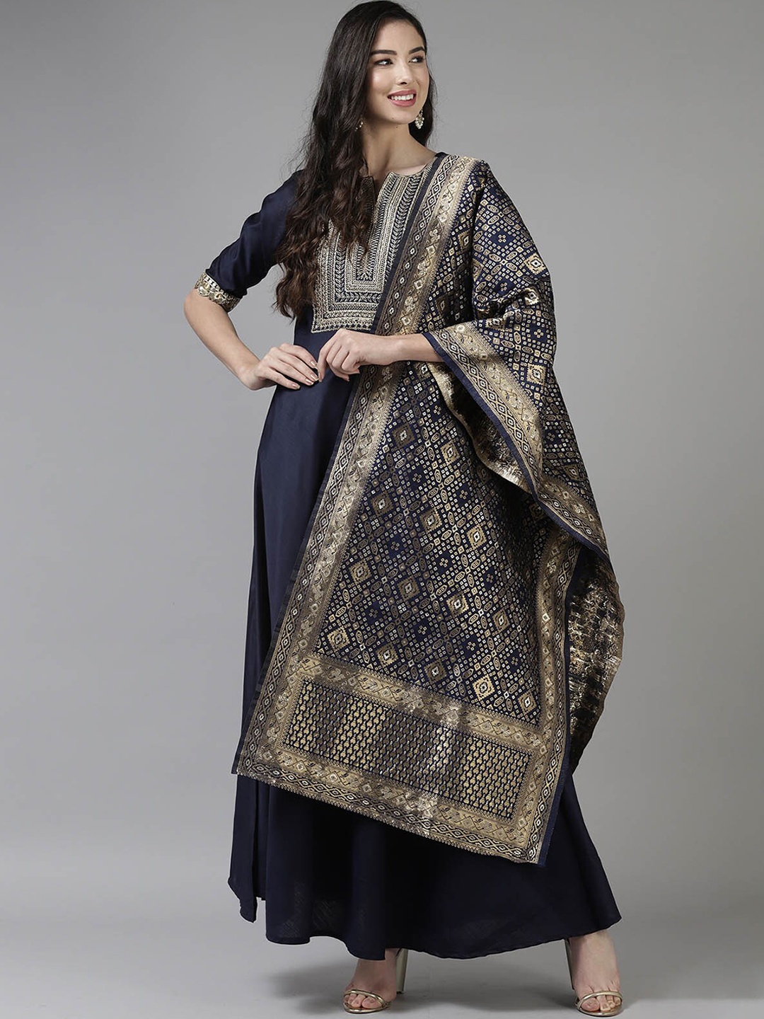 

ODETTE Women Navy Blue Floral Embroidered Sequinned Kurta with Trousers & With Dupatta