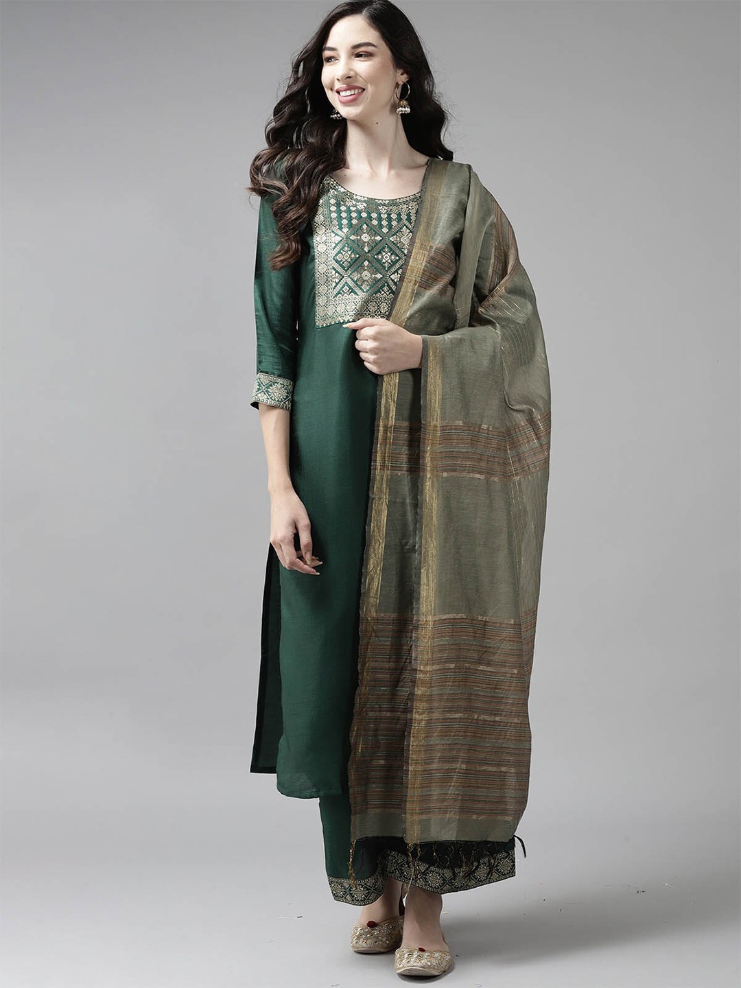 

ODETTE Women Green Yoke Design Kurta with Palazzos & With Dupatta