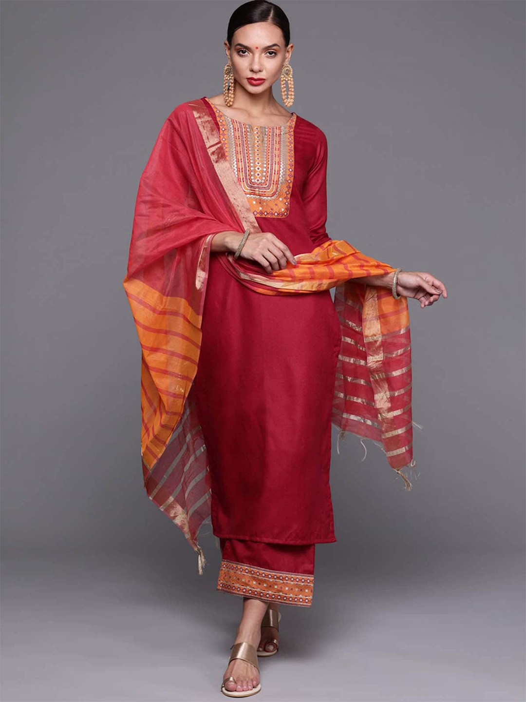 

ODETTE Women Maroon Yoke Design Kurta with Palazzos & With Dupatta