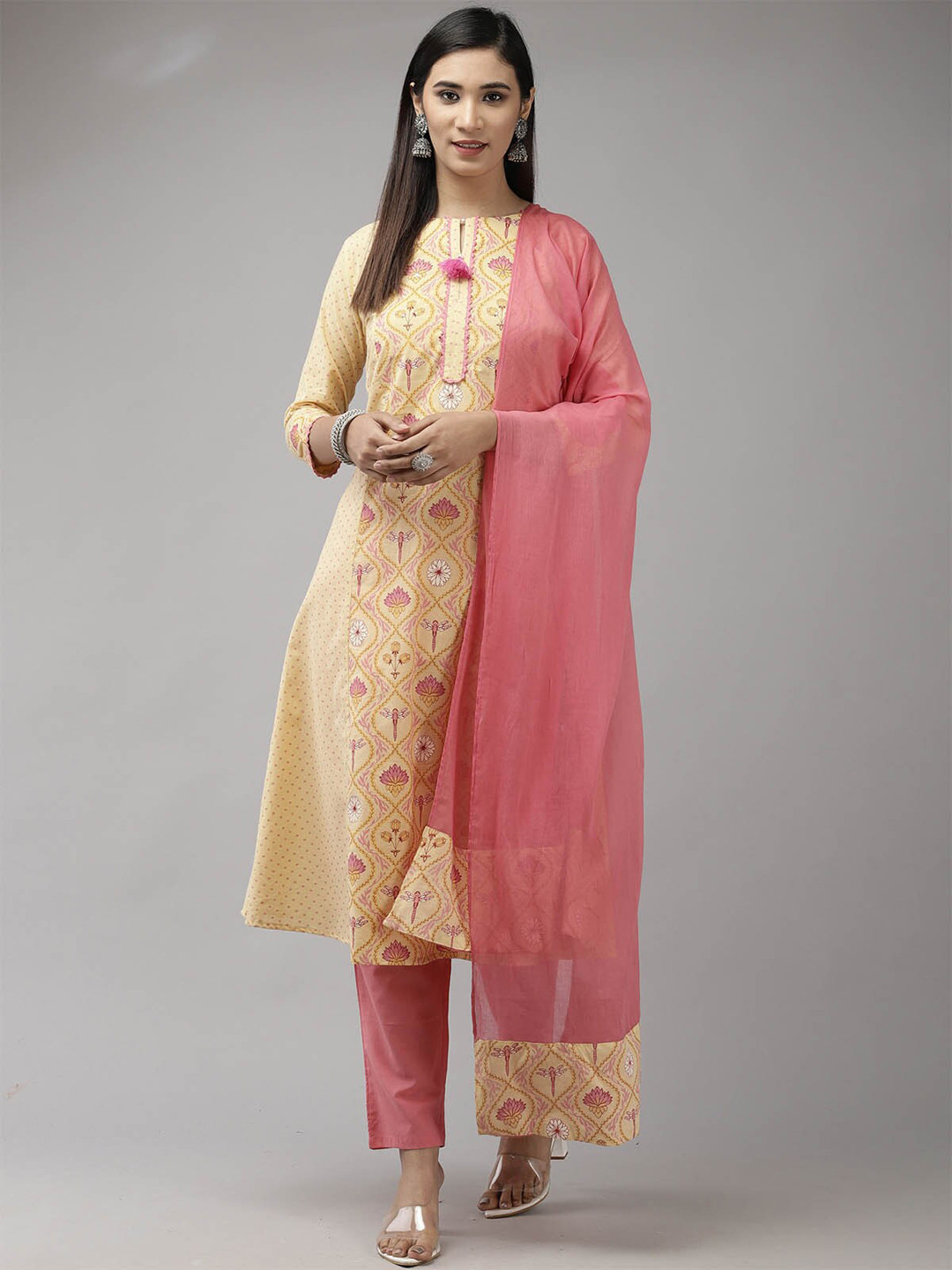 

ODETTE Women Yellow Floral Printed Kurta with Trousers & With Dupatta