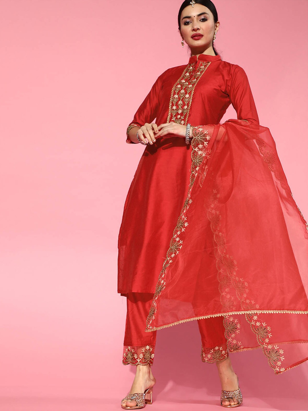 

ODETTE Women Red Floral Embroidered Kurta with Trousers & With Dupatta