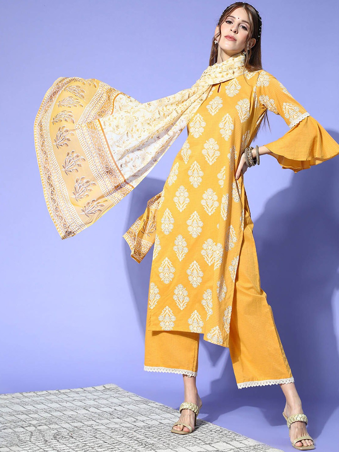 

ODETTE Women Yellow Ethnic Motifs Printed Kurta with Trousers & With Dupatta