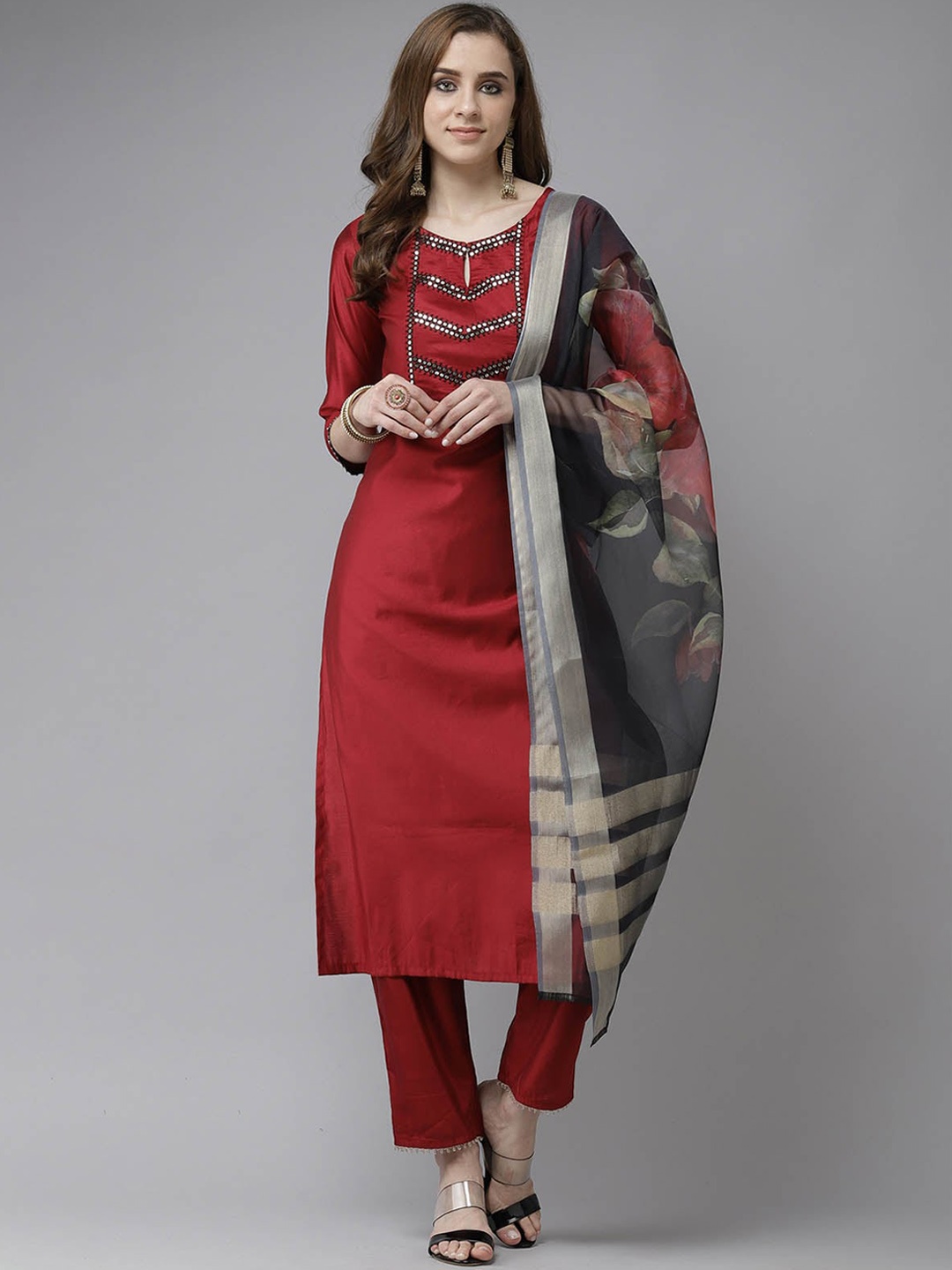 

ODETTE Women Red Embroidered Kurta with Trousers & With Dupatta