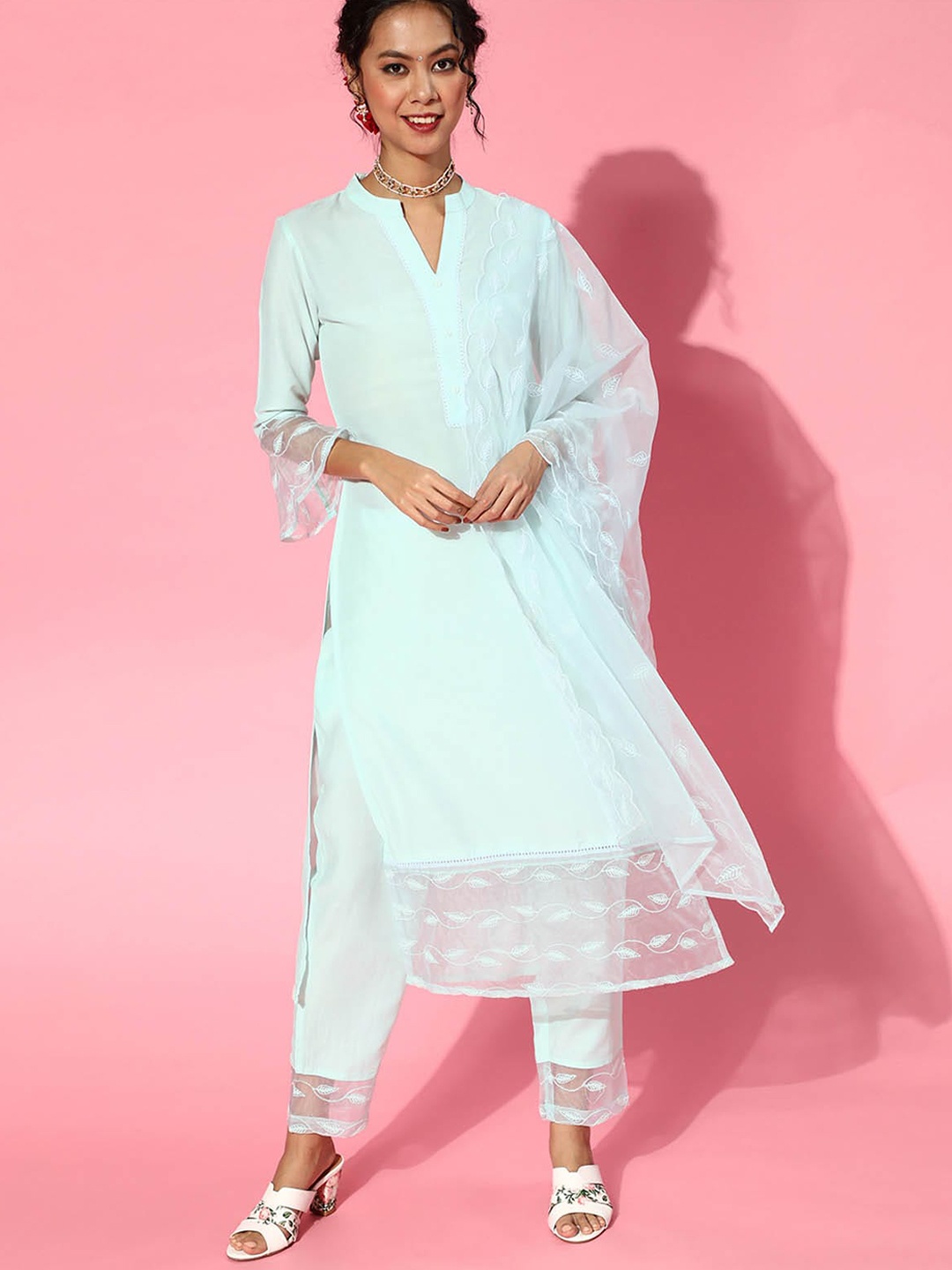

ODETTE Women Blue Kurta with Trousers & With Dupatta