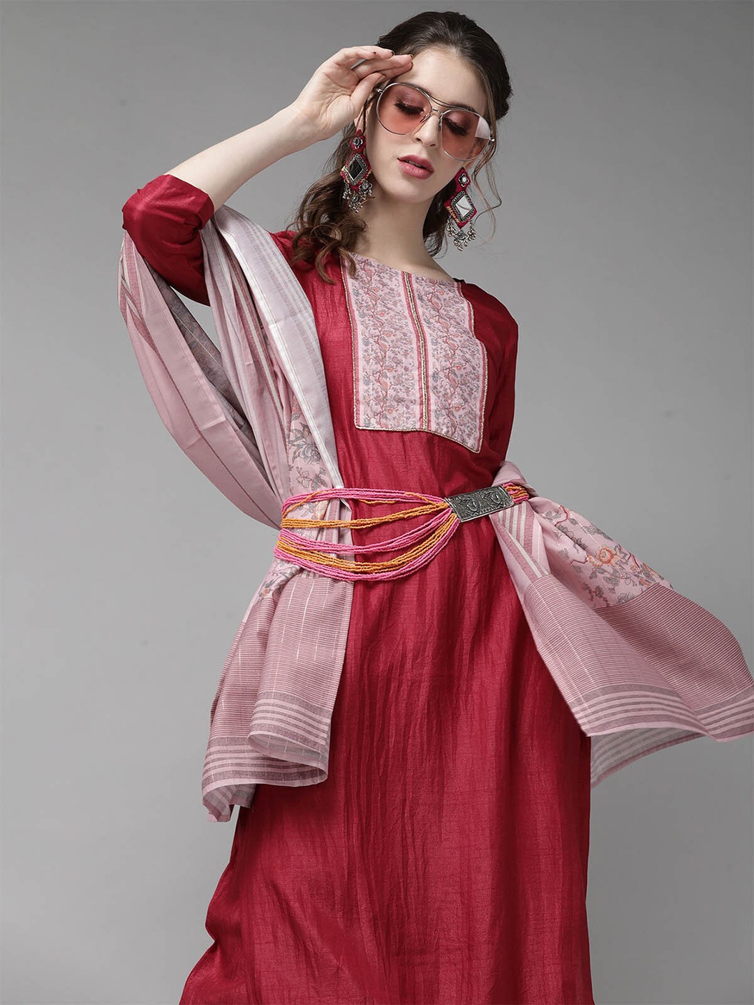 

ODETTE Women Red Floral Printed Kurta with Palazzos & With Dupatta