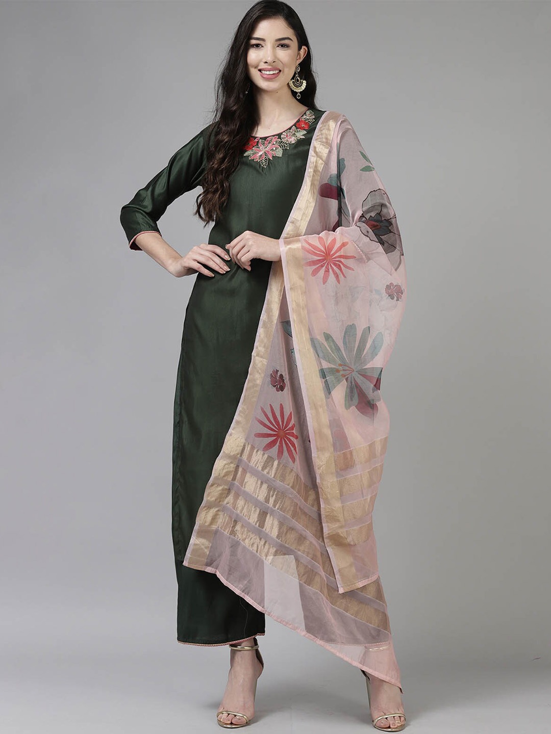 

ODETTE Women Green Floral Yoke Design Thread Work Kurta with Palazzos & With Dupatta
