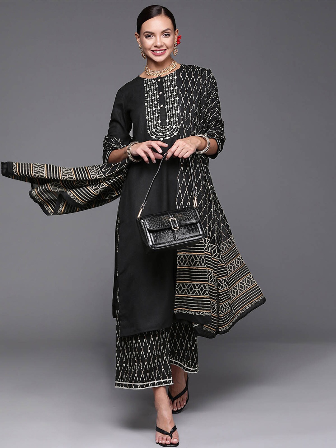 

ODETTE Women Black Embroidered Thread Work Kurta with Palazzos & With Dupatta