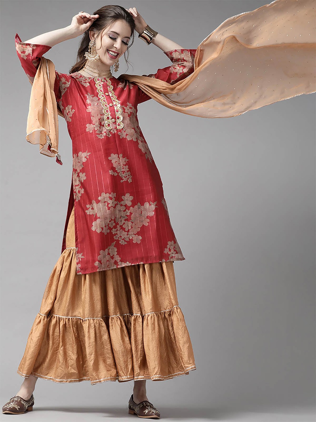 

ODETTE Women Red Floral Printed Kurta with Sharara & With Dupatta