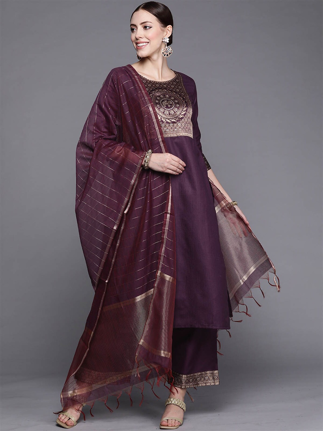 

ODETTE Women Violet Yoke Design Kurta with Palazzos & With Dupatta