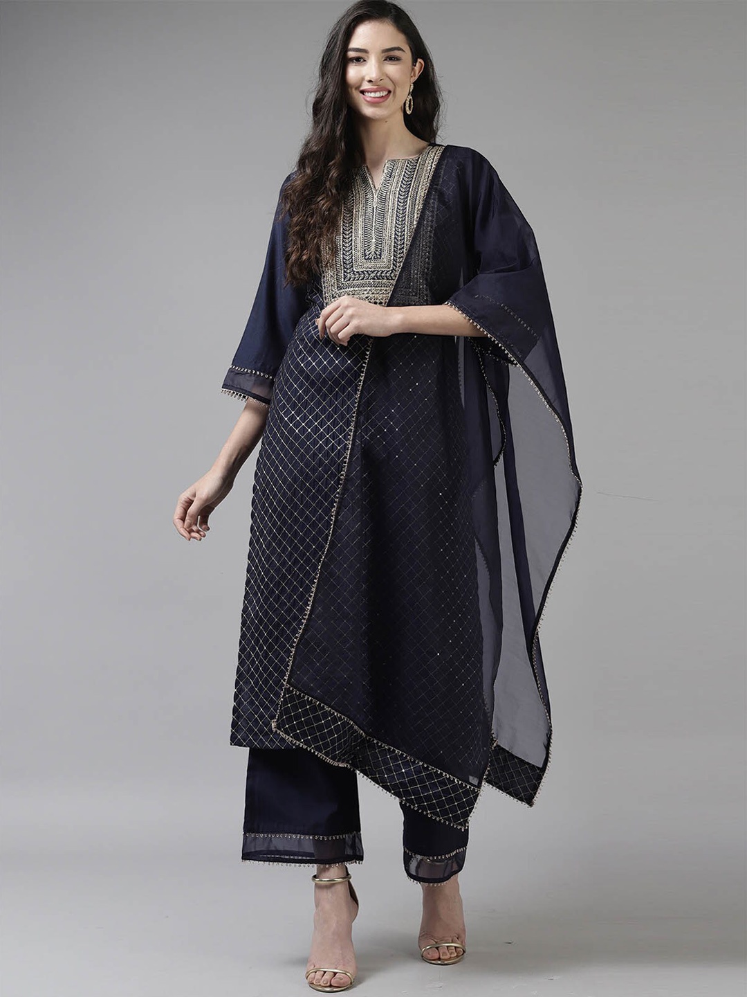 

ODETTE Women Navy Blue Floral Embroidered Sequinned Kurta with Trousers & With Dupatta