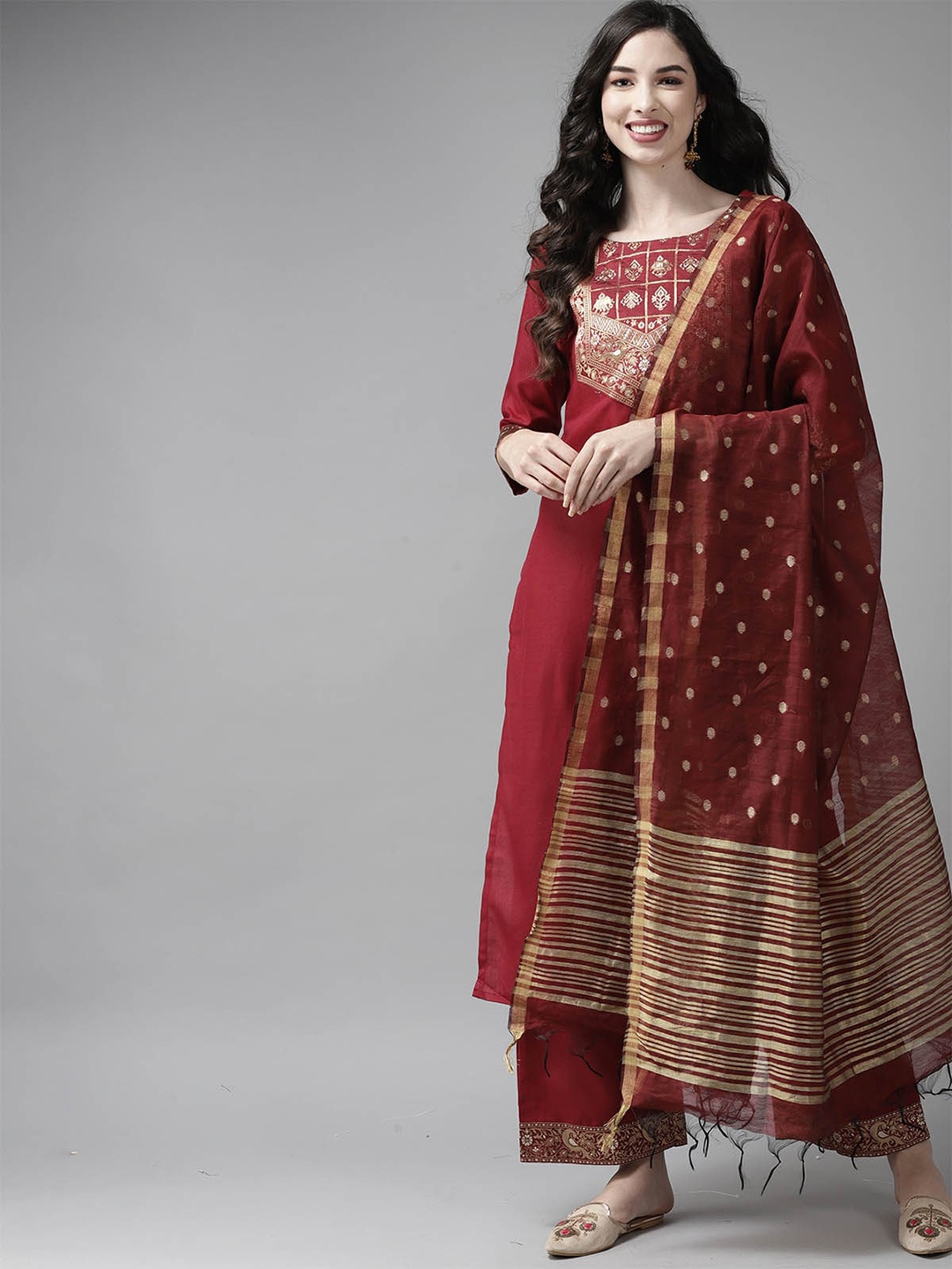 

ODETTE Women Maroon Yoke Design Kurta with Palazzos & With Dupatta