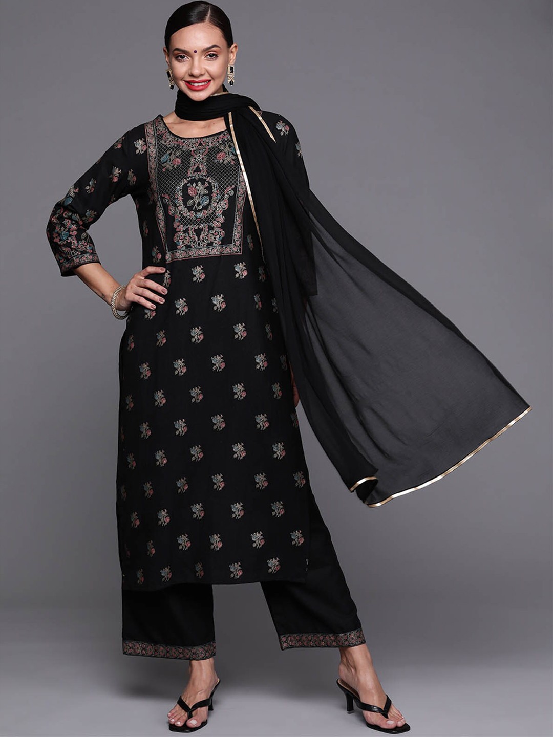 

ODETTE Women Black Floral Printed Kurta with Palazzos & With Dupatta