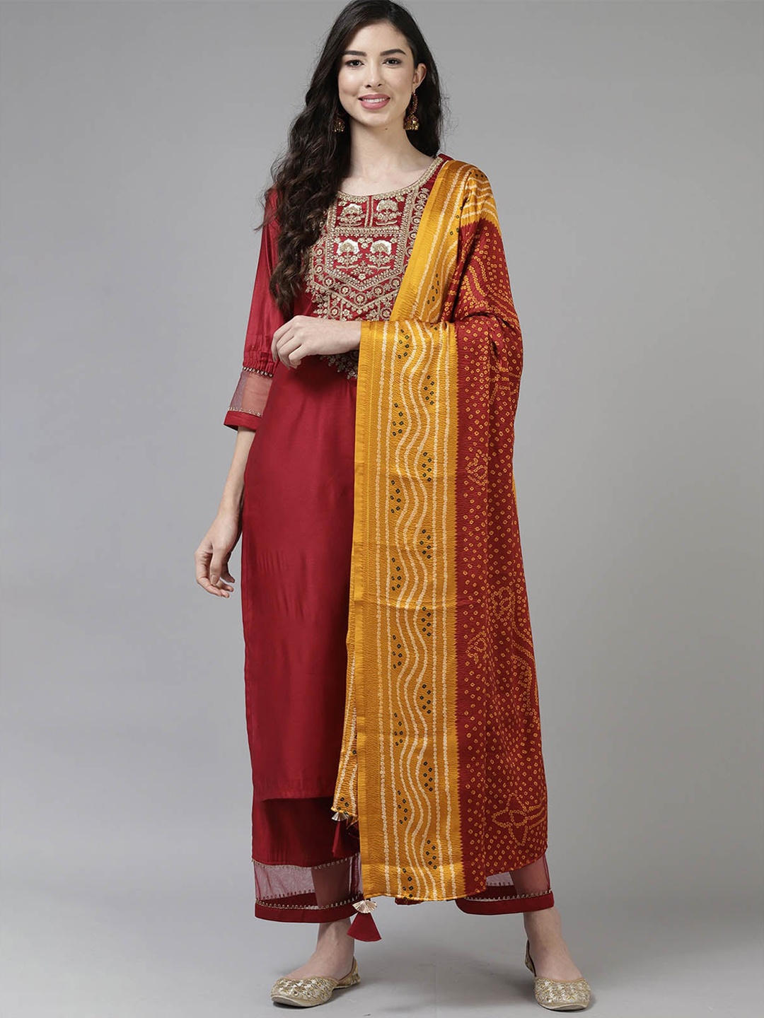 

ODETTE Women Red Ethnic Motifs Embroidered Kurta with Palazzos & With Dupatta
