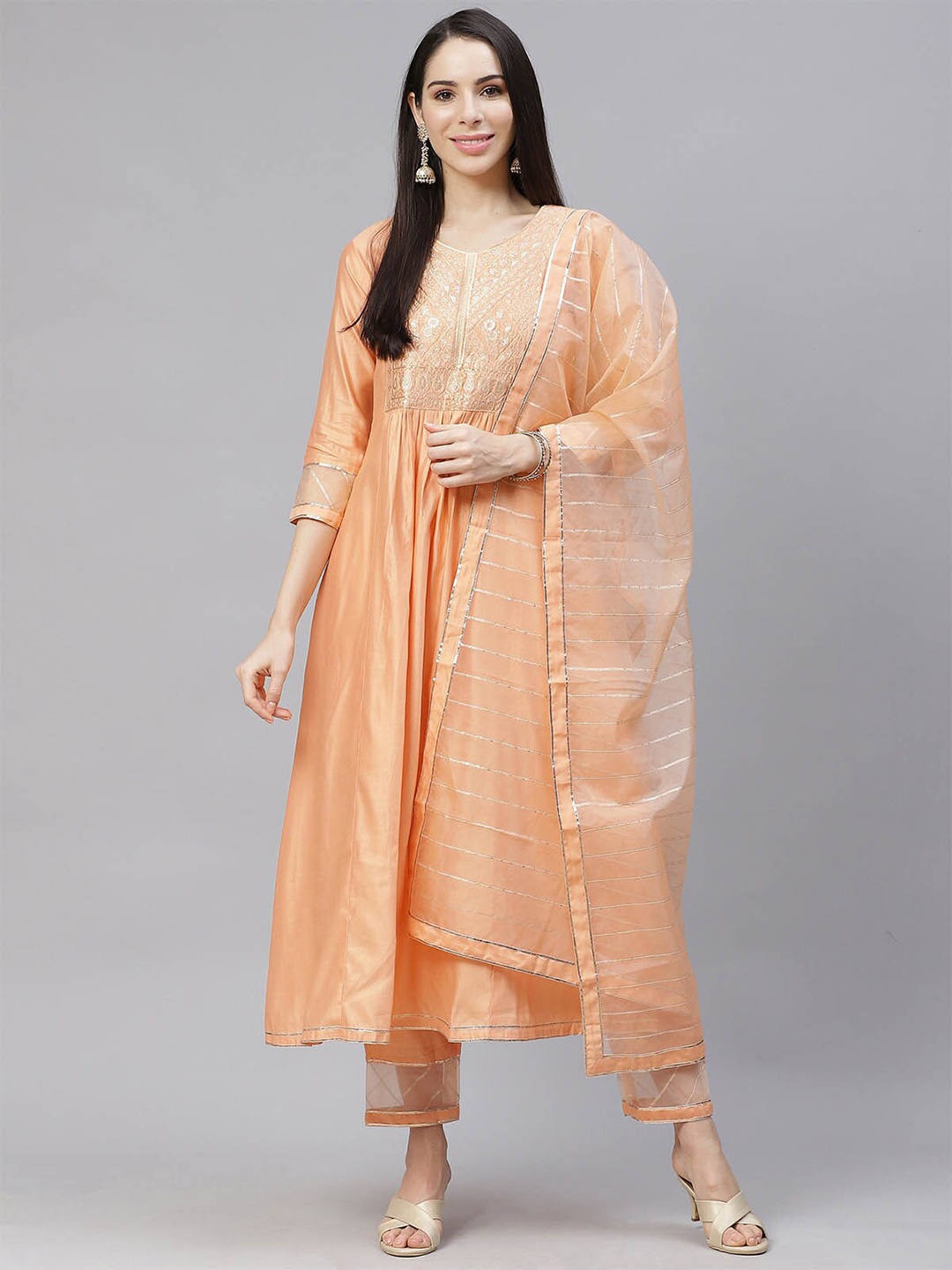 

ODETTE Women Peach-Coloured Floral Yoke Design Pure Cotton Kurta with Trousers & With Dupatta