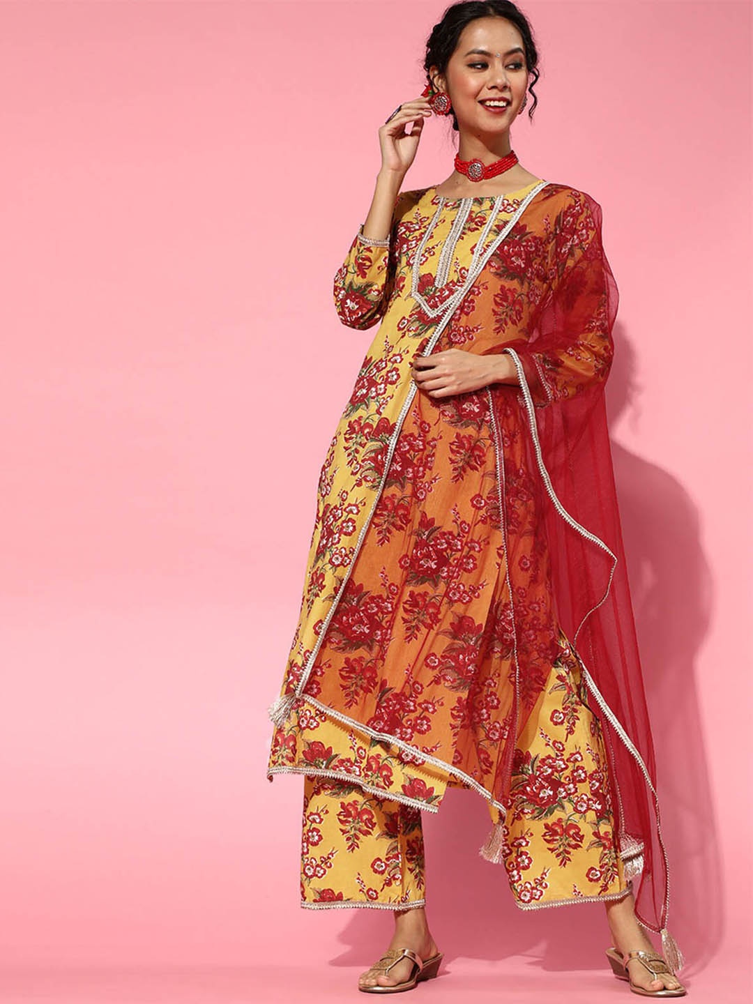 

ODETTE Women Yellow Floral Printed Kurta with Palazzos & With Dupatta