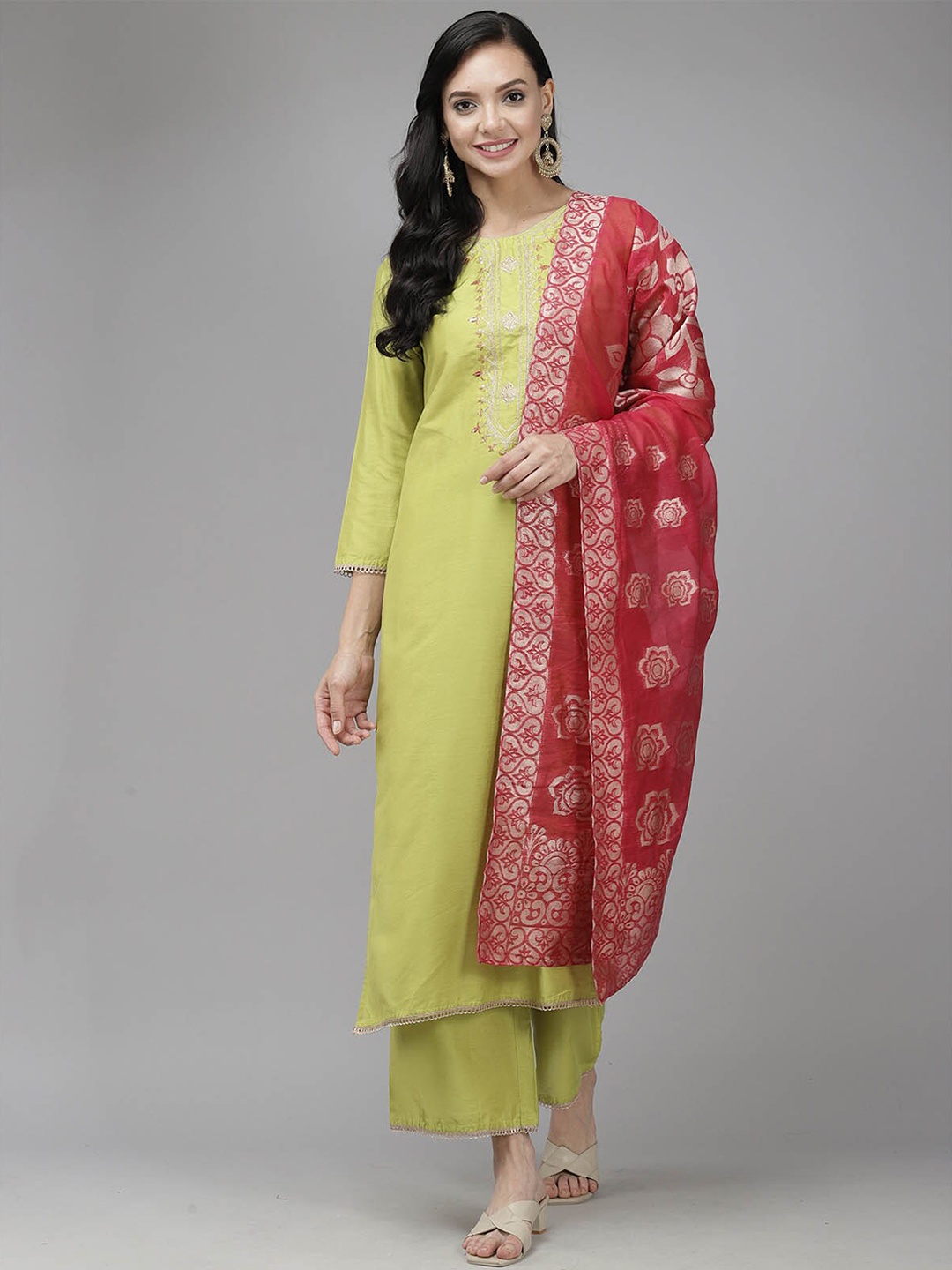 

ODETTE Women Green Embroidered Sequinned Kurta with Palazzos & With Dupatta