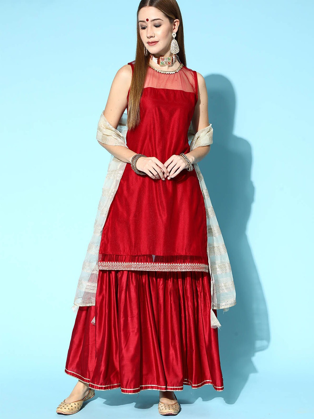 

ODETTE Women Red Kurta with Sharara & With Dupatta