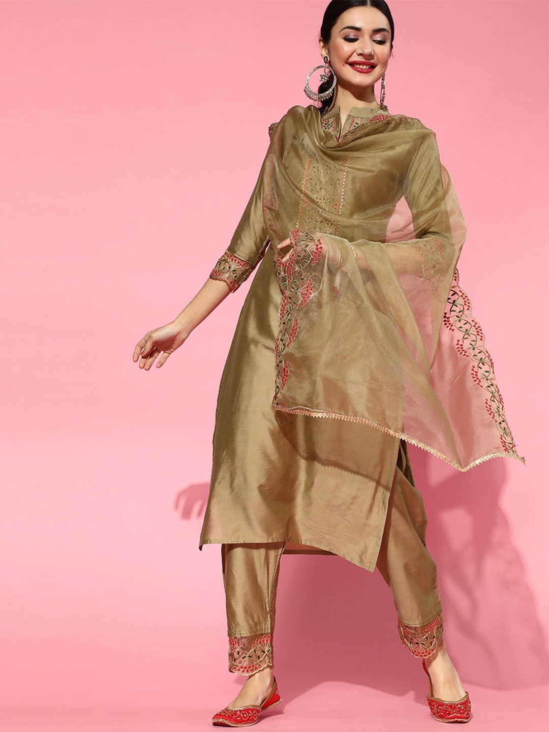

ODETTE Women Beige Floral Yoke Design Thread Work Kurta with Trousers & With Dupatta