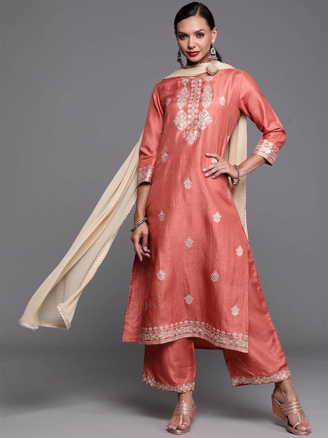 

ODETTE Women Orange Floral Printed Kurta with Palazzos & With Dupatta